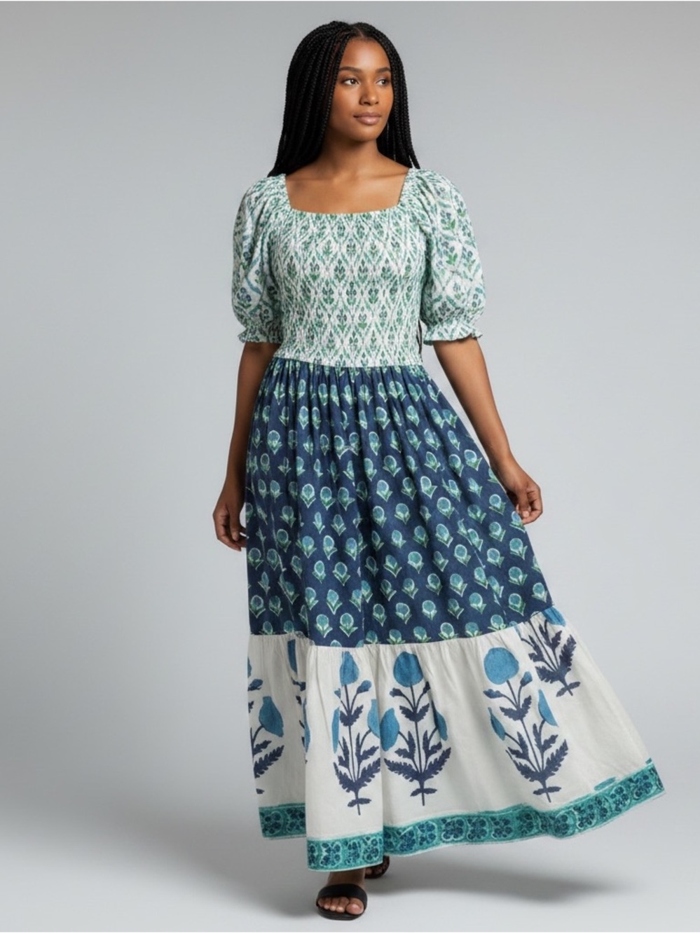 Mary Marshmallow Boho Tiered Maxi Dress Smocked Bodice in Navy & Mint Large